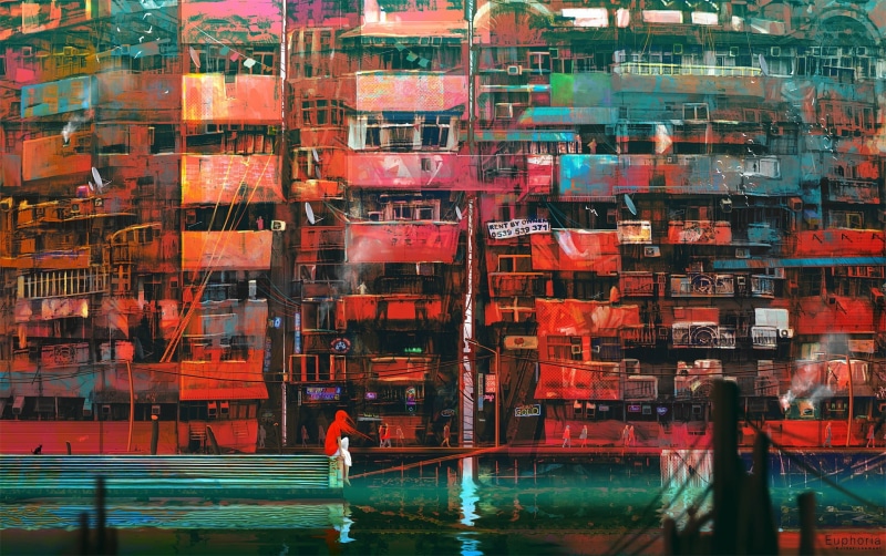 built structure, 1080P, transportation, construction site, water, reflection, artwork, Kuldar Leement, building, apartments, red, incidental people, development