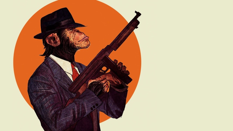 chimpanzees, musician, colored background, holding, copy space, indoors, performance, adult, waist up, musical instrument, rifle, music, monkey, weapon