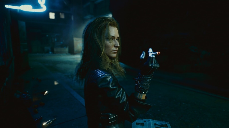 cyberpunk, women, Alt Cunningham, leather jackets, blonde, Cyberpunk 2077, smoking, cigarettes, city, 1080P, night