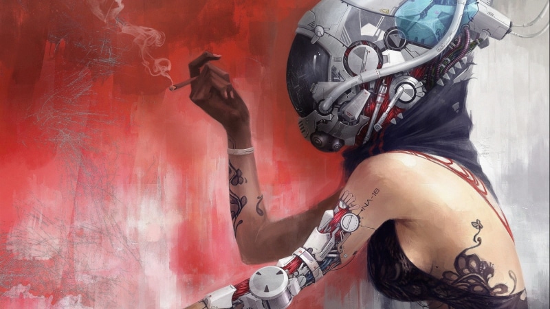 1080P, Wires, cyborg, Bare Shoulders, helmet, Futuristic, life, Pipes, cyberpunk, women, technology, Bionics, smoke, Soft Shading, digital art, tattoo