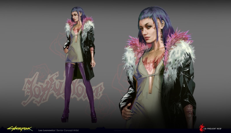 video games, 2K, Lea Leonowicz, short hair, Evelyn Parker, purple hair, video game art, artwork, fan art, coats, dress, ArtStation, Cyberpunk 2077, video game girls