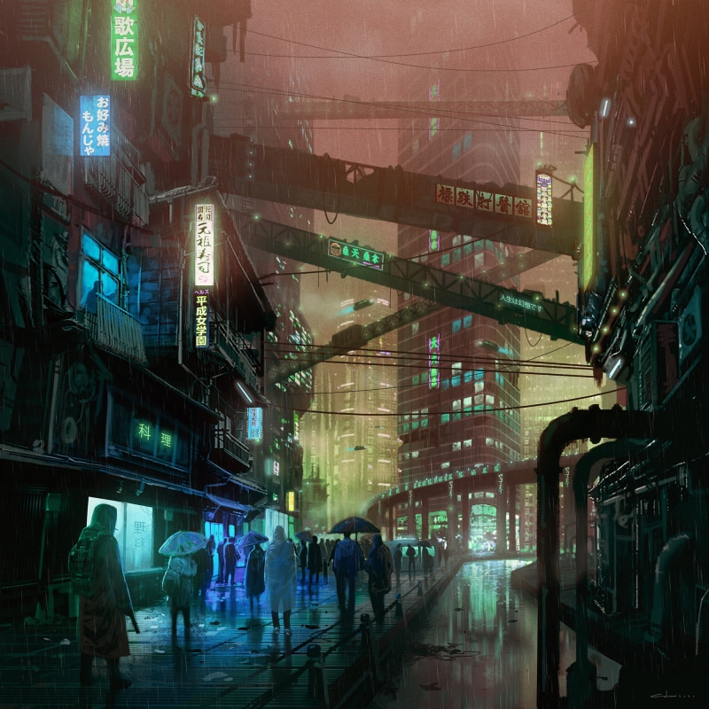 ArtStation, digital art, Armin Rangani, wet street, 1080P, building, digital painting, people, cover art, city lights, artwork, cyberpunk, city, umbrella