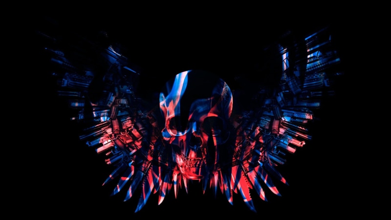 black background, motion, studio shot, abstract, close-up, indoors, skull, no people, red, lighting equipment, creativity, blue, skull and guns, arts culture and entertainment