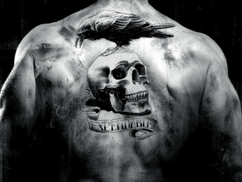 movie, tattoo, skull, raven, man, 720P, 1600x1200, back, expendables