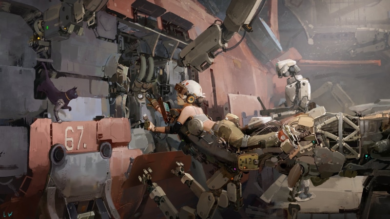 industry, stack, machinery, abandoned, indoors, workshop, cyberpunk, damaged, helmet, 1080P, large group of objects, junkyard, machine, no people, military