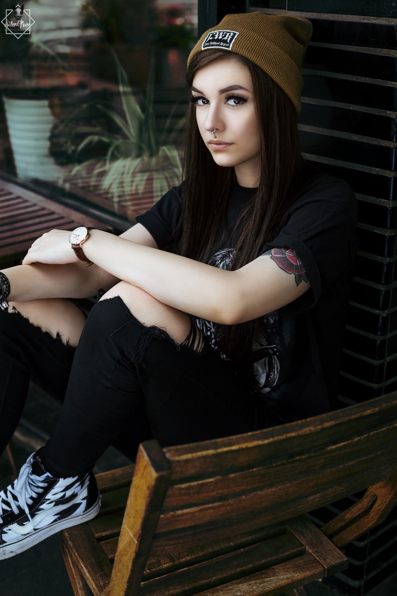 piercing, model, sitting, beautiful people, Silent Purr, T-shirt, women, casual clothing, clothing, beauty, hat, bench, outdoors, portrait, adult, young adult