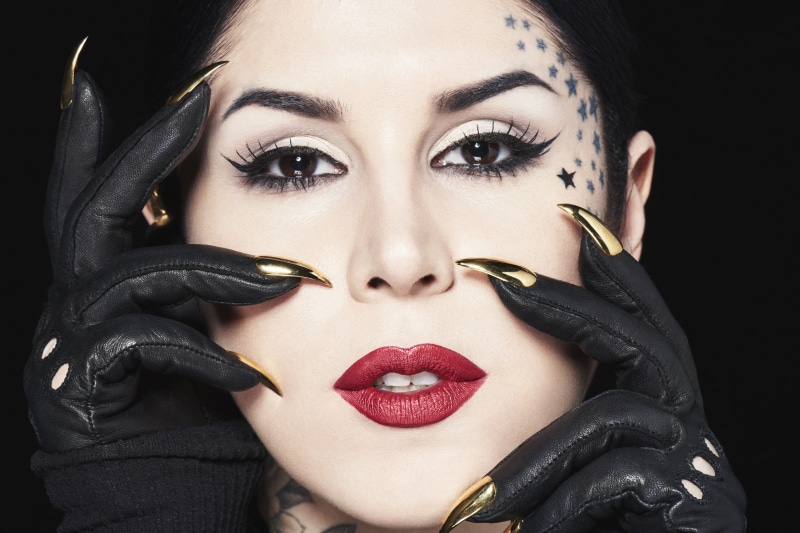 portrait, gloves, eyeshadow, inked girls, makeup, Kat Von D, nail, eyelash, lipstick, adult, looking at camera, fashion, human face, human body part, Tattoo Artist