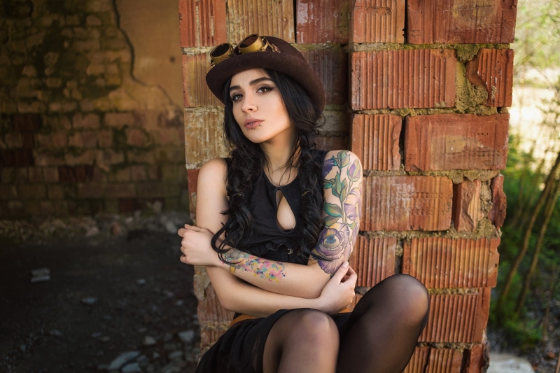 portrait, contemplation, steampunk, Dmitry Medved, outdoors, sitting, inked girls, Aleksa Tereschuk, hat, one person, beauty, hairstyle, adult, young women