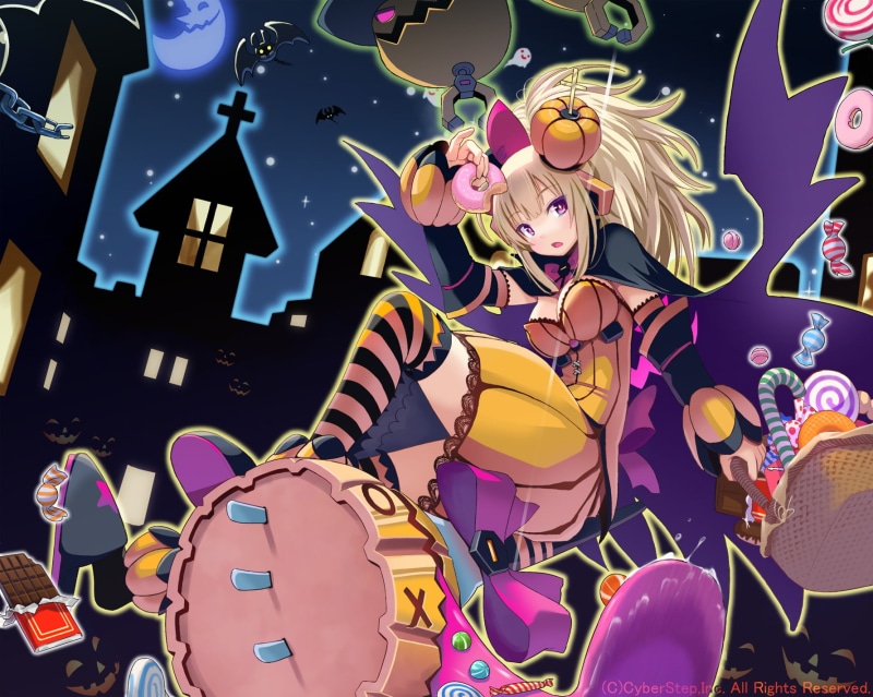 cosmic, ponytail, eyes, hair, ribbons, thighhighs, 720P, pumpkin, moon, morizo, purple, halloween, blonde, break