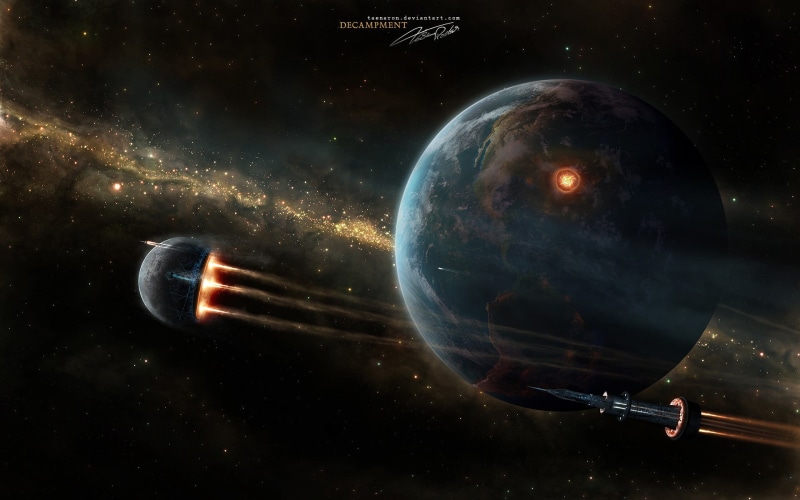 1080P, eclipse, outdoors, spaceship, futuristic, nature, render, no people, science, painting, transparent, science fiction, sphere, galaxy, planet, Earth