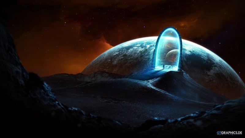 space, science fiction, Taenaron, digital art, fantasy Art, 1080P, artwork, Gates, planet