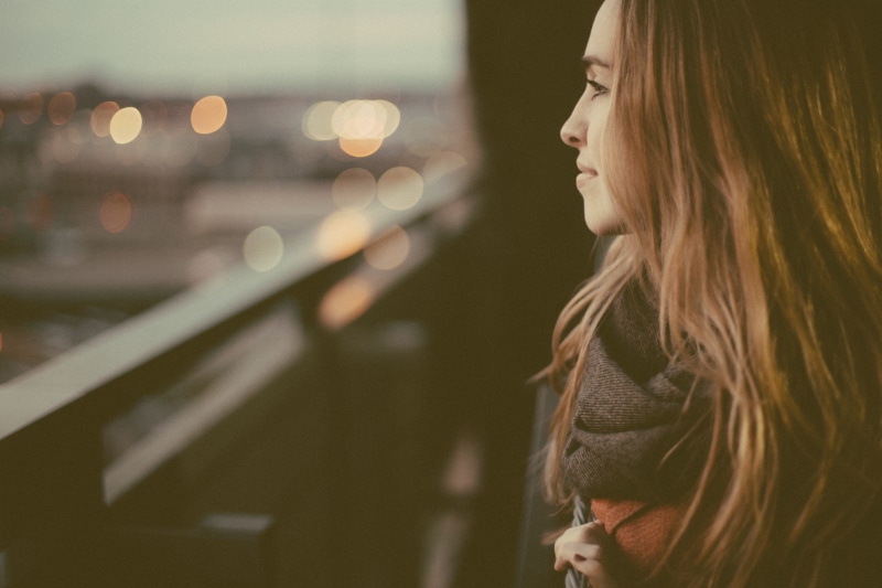 redhead, women, portrait, city lights, street light, long hair, profile, side view, 5K, smiling, depth of field