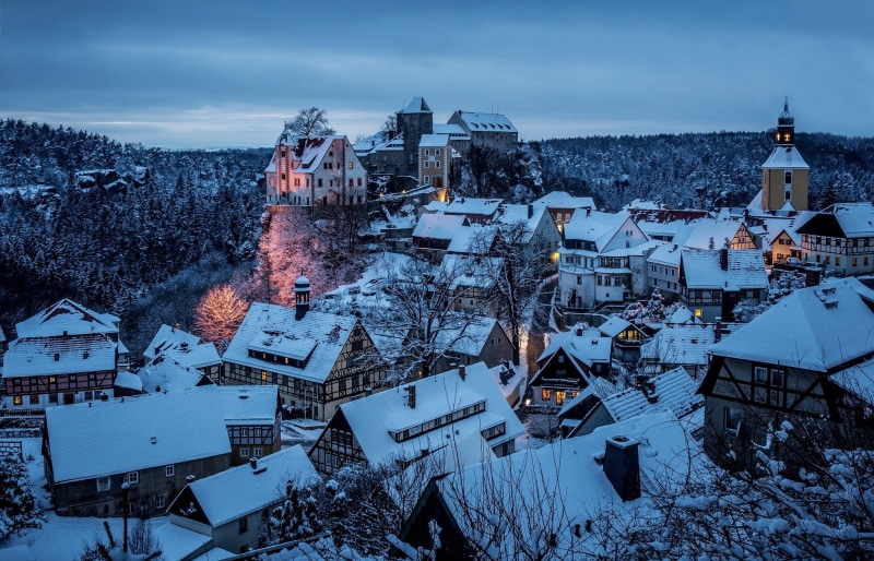 building, architecture, house, high angle view, winter, lights, covering, townscape, 1080P, plant, white, brown, city, rooftops, castle, sky, snow, residential district
