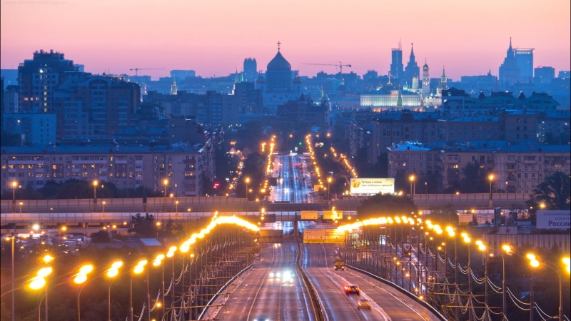 rail transportation, Moscow, evening, travel destinations, sky, Russia, cityscape, high angle view, road, night, no people, building, outdoors, railroad track