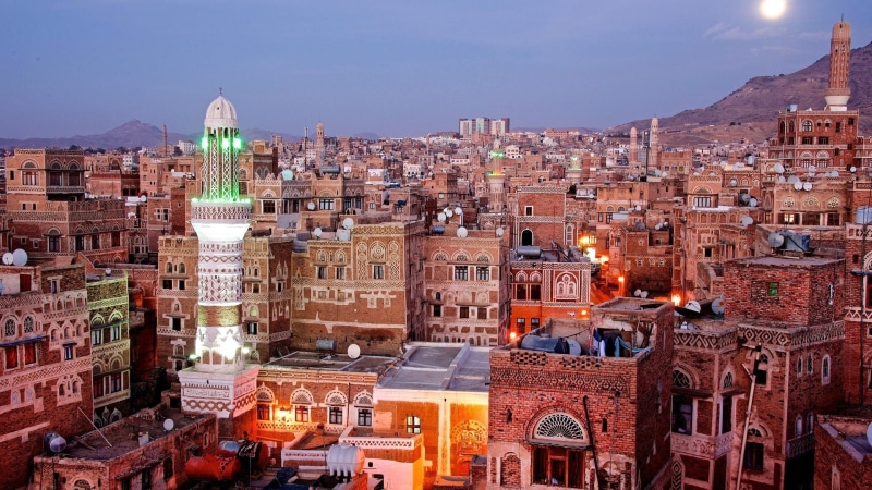 built structure, nature, 1080P, sky, travel, no people, architecture building city cityscape yemen old building mosque rooftops sun lights bricks, city