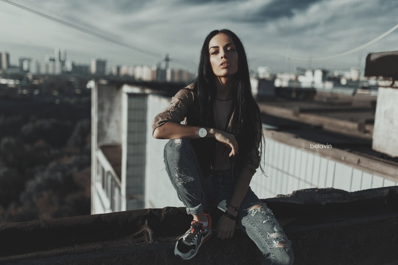 leisure activity, beauty, rooftops, Alexander Belavin, model, leather jacket, front view, looking at camera, one person, full length, portrait, sky, building exterior