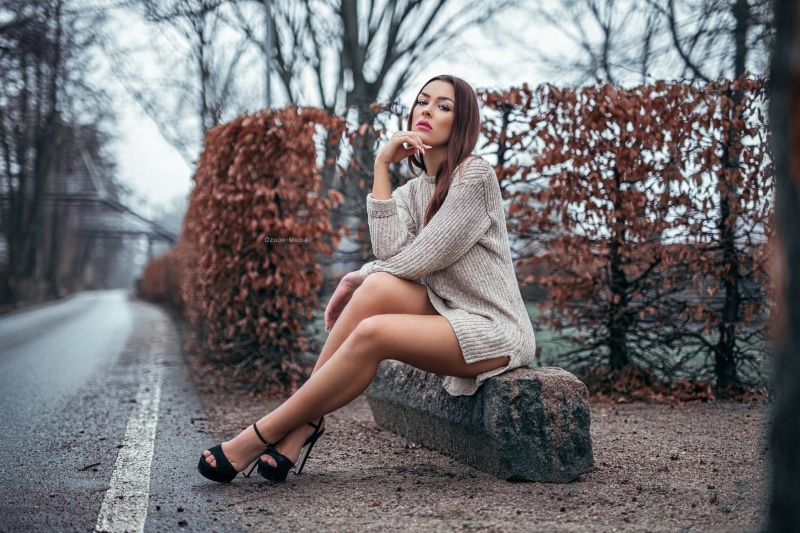 beauty, young women, looking, clothing, tanned, sitting, one person, women outdoors, full length, adult, fashion, trees, high heels, hair, depth of field