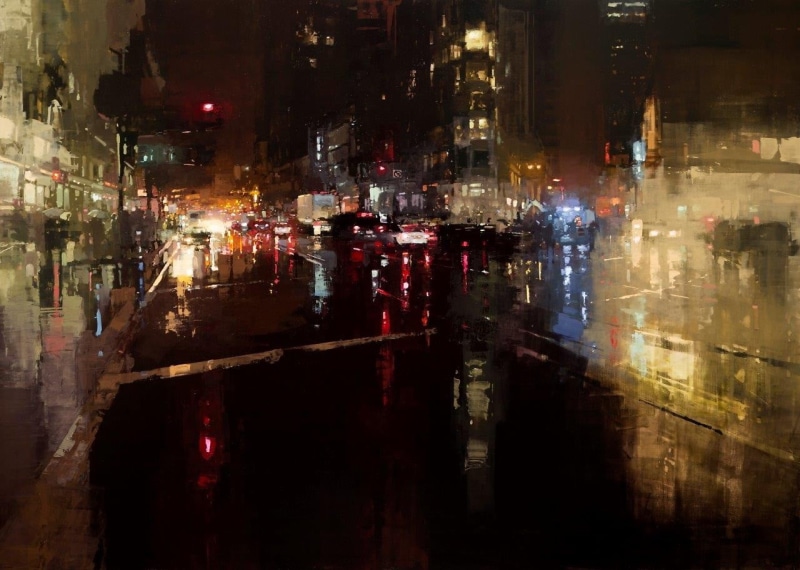 transportation, black, city life, dark, building, building exterior, reflection, street, modern, evening, white, built structure, car, city street, Jeremy Mann