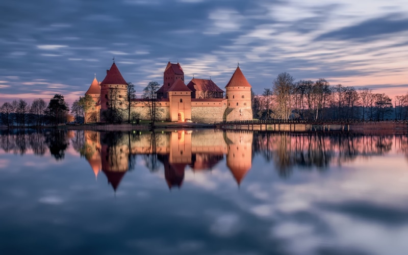 Reflection, Lake, Sunset, 1080P, Trakai, Castle, Lithuania, Water