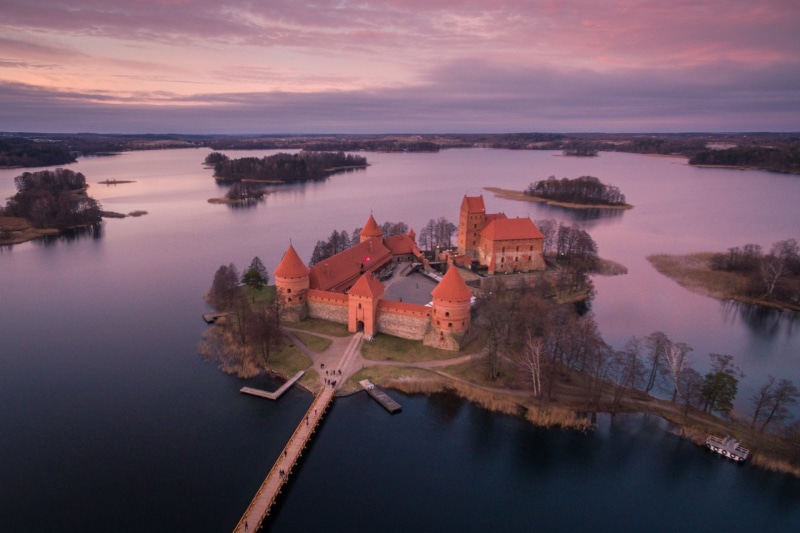 scenics - nature, reflection, water, high angle view, architecture, sky, dusk, Lake, nature, Horizon, no people, Castles, Castle, Lithuania, sunset, built structure