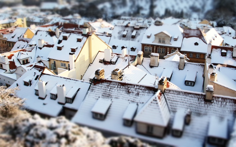 paint, architecture, outdoors, tilt-shift, building, snow, nature, europe, roof, city, village, winter, beige, building Exterior, urban Scene, white, no people