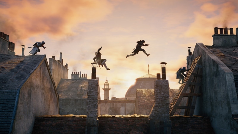 low angle view, building exterior, sunset, representation, sky, statue, building, built structure, mid-air, nature, human representation, city, video games