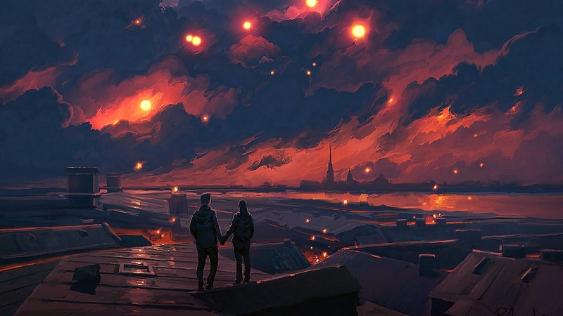 roofs, night, romantic, roof, evening, afterglow, 1080P, city, fantasy art, couple, sunset, loving couple