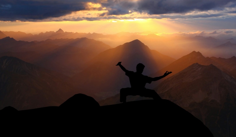 sunset, fighter, tai chi, skill, chi, mental, scenics - nature, outdoors, harmony, landscape, cloud - sky, exercise, kung fu, combat, mountain peak, non-urban scene