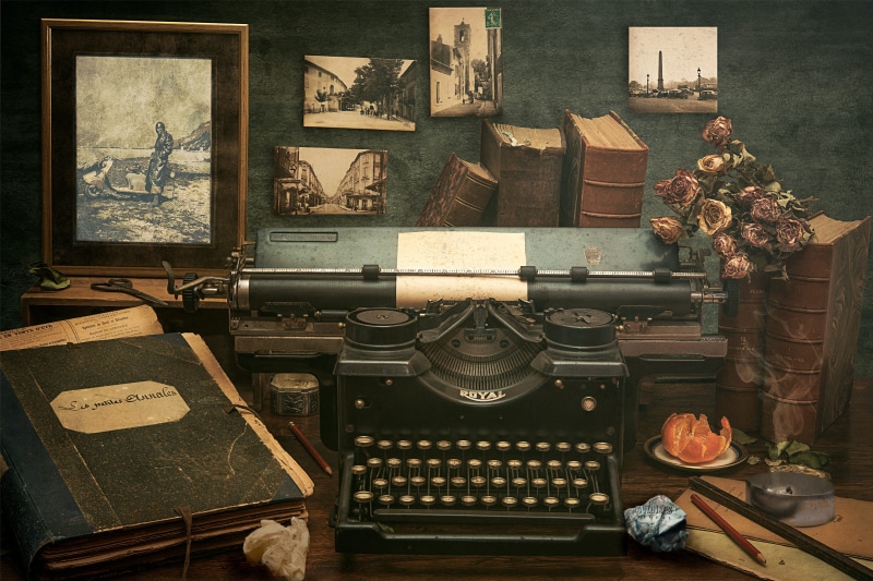 arts culture and entertainment, books, type, royal, old, metal, office, antique, history, black, no people, retro styled, indoors, writer, author, beside