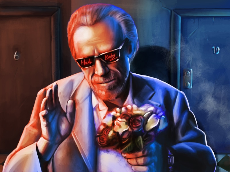 Charles Bukowski, male, glasses, flowers, writer, 4K, art