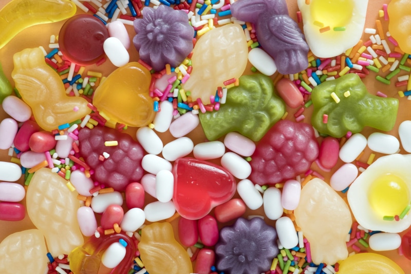 sweets, sweet food, high angle view, food, 1080P, candies, candy, sweet, colors, large group of objects, fruit, unhealthy eating, bright, backgrounds