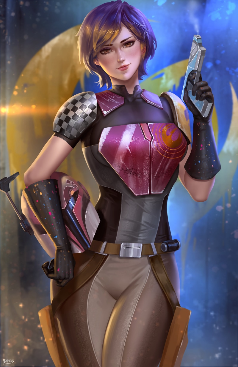 women, fictional character, weapon, belt, illustration, Star Wars, TV Series, 4K, digital art, Nopeys, pants, fantasy art, purple hair, Star Wars: Rebels