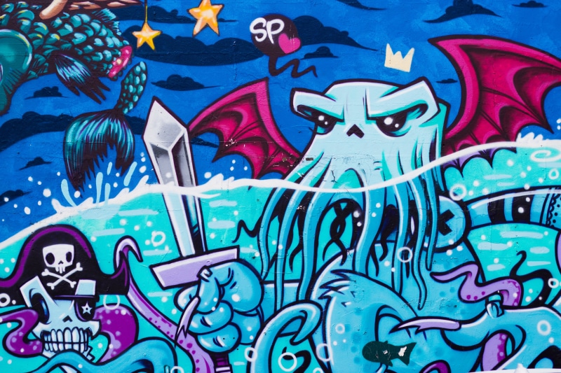 backdrop, full frame, sword, color, illustration, holding, design, paint, pattern, multi colored, monster, art and craft, no people, skull, close-up, 5K