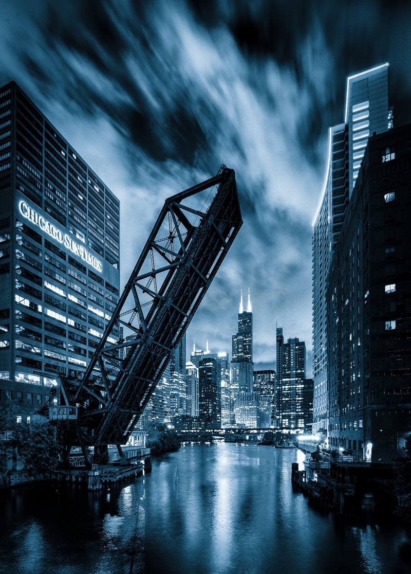 famous Place, Kinzie, skyscraper, Railroad bridge, business, 4K, Welcome, Chicago River, downtown District, reflection, Reflections, folding, building Exterior