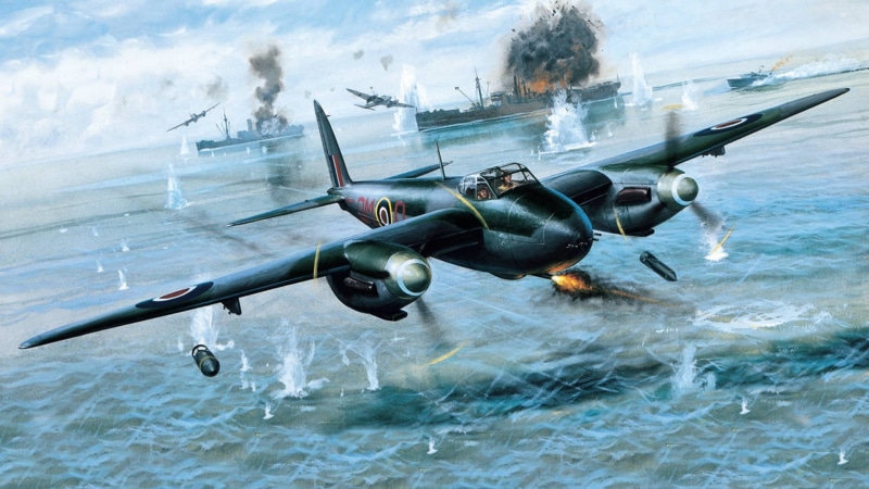 plaque, ship, the convoy, British, sea, twin-engine, Art, the sky, 1080P, De Havilland, the explosion, Mosquito, piston, attack, war, bombs, fighter