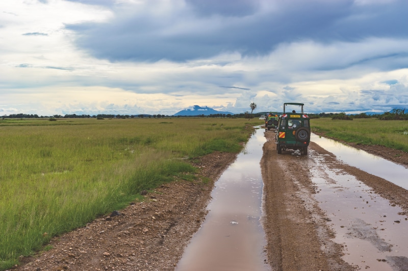 tire, adventure, jeep, water, dirt, mode of transportation, plant, flooded, mount kilimanjaro, environment, car, nature, field, plain, rural scene, green color