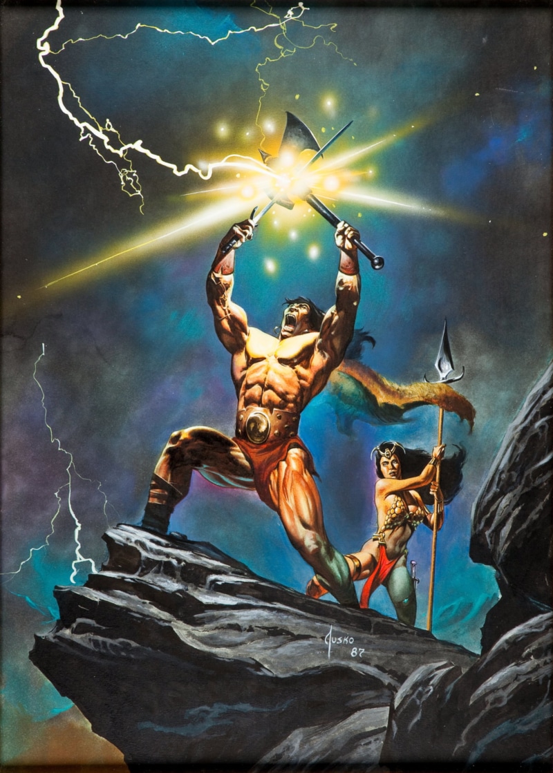 painting, women, lightning, spear, Savage Sword of Conan, Joe Jusko, sword, loin cloth, Axe, Conan the Barbarian, 2K