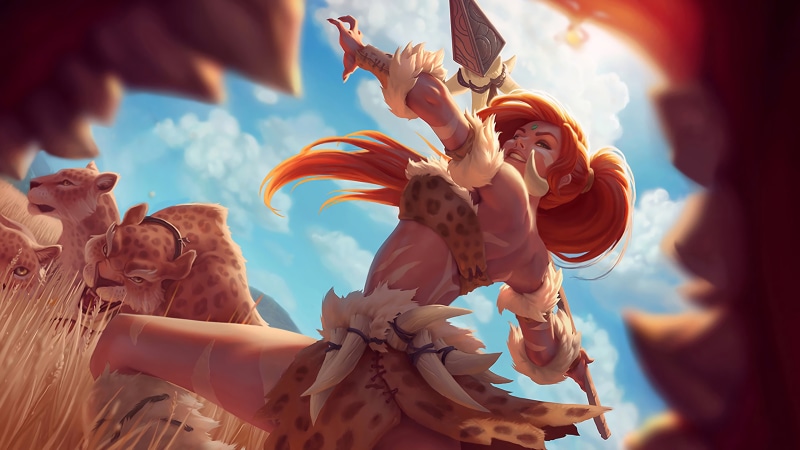 Jon Buran, leopards, spear, savage, Leopard Nidalee, hunting, 4K, art, girl, League of Legends