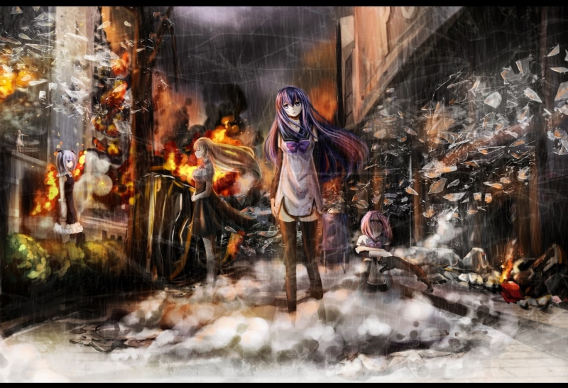 group of people, art and craft, transfer print, anime girls, religion, auto post production filter, people, Brynhildr in the Darkness, smoke - physical structure