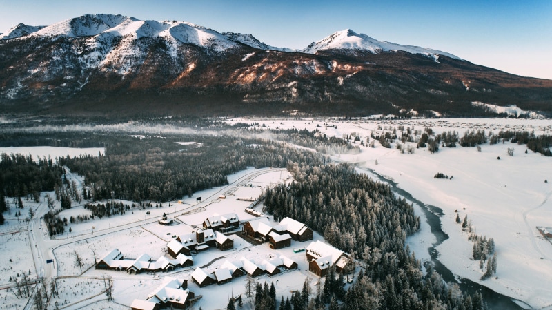mountain, mountain range, china, 5K, village, kanas lake, 5k uhd, mountain village, winter, 5k, burqin, snow, altay
