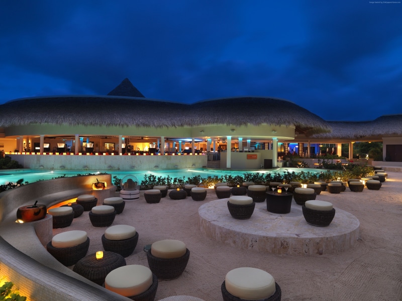 mountain, building exterior, 2K, water, restaurant, travel, seat, luxury, chair, vacation, tourist resort, table, nature, built structure, illuminated