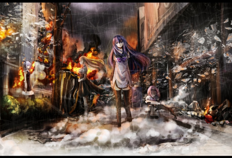 digital composite, Kazumi Schlierenzauer, Nanami Tokou, outdoors, Gokukoku no Brynhildr, Kana Tachibana, belief, transfer print, smoke - physical structure