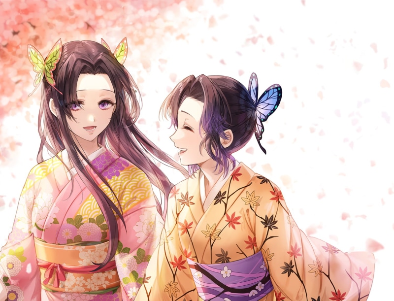long hair, black hair, multicolored hair, Kimetsu no Yaiba, Japanese clothes, purple eyes, Kochou Kanae, Kochou Shinobu, kimono, 720P