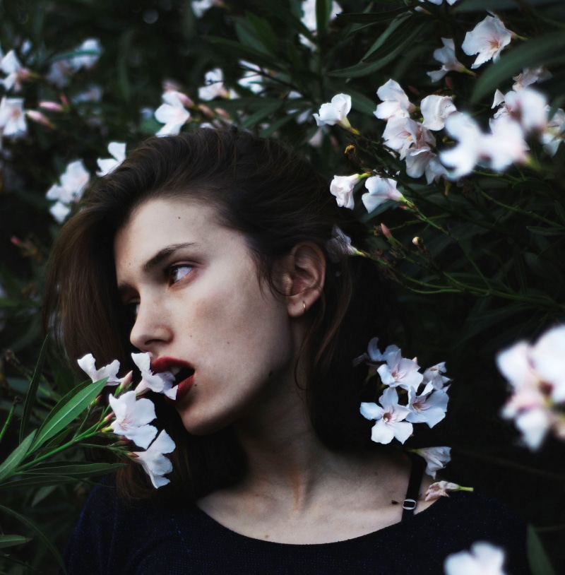 Ruby James, 1080P, women, brunette, white flowers, flowers, lying on back, face, pale