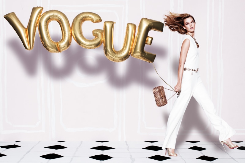 hairstyle, 2015, 2K, costume, balloons, shoes, Vogue, in white, girl, Russell James, model, handbag, Karlie Kloss, photoshoot, the word
