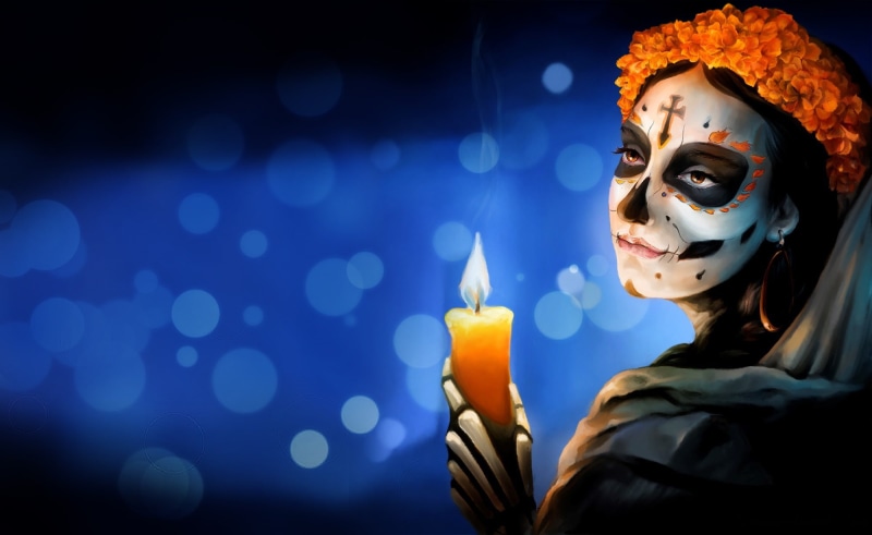 Girl, Sugar Skull, Leo Barreto, Mexico, madeinkipish, Background, Style, Flowers, Katrina, Calavera, Day of the Dead, by Leo Barreto, 1080P, Candle, Catrina