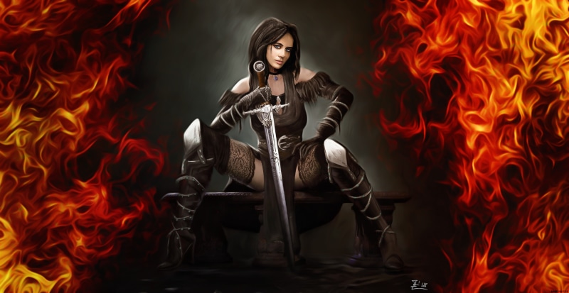madeinkipish, Witcher, Game Art, Figure, Art, Yennefer, by Ivan Chibiryak, Ivan Chibiryak, Girl, Yennefer fanart, Illustration, Sword, Fire, 2K