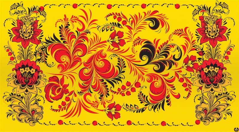 8K, madeinkipish, Background, Ivan Ivanovich, Style, Khokhloma, Art, Painting, Khokhloma painting, Russian painting, Yellow, Flowers, Red