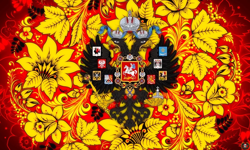 Double-headed eagle, Art, Painting, Ivan Ivanovich, Flowers, The coat of arms of the Russian Empire, Style, Russia, 4K, Khokhloma, Khokhloma painting