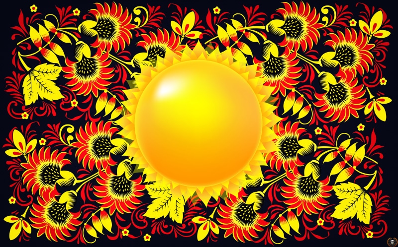 8K, Background, Art, Star, Khokhloma, Khokhloma painting, madeinkipish, Painting, Ivan Ivanovich, The sun, Russian painting, Style, Flowers